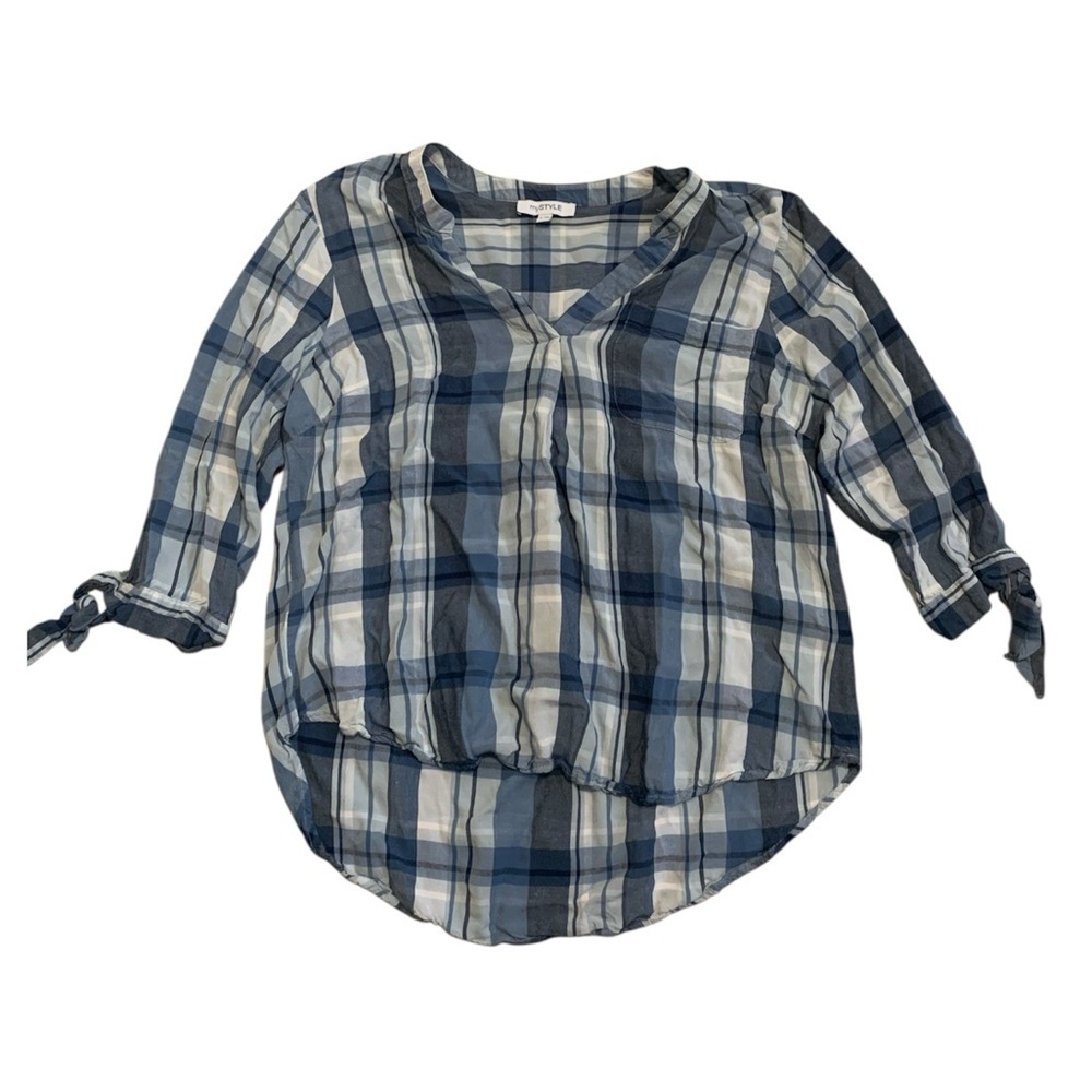 MyStyle Blue Plaid V-Neck High-Low Tunic Top L/G Roll Tab Sleeves